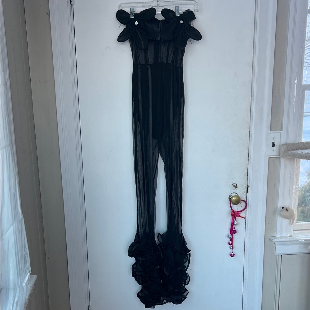Elegant Black Sheer Jumpsuit with Floral Accents